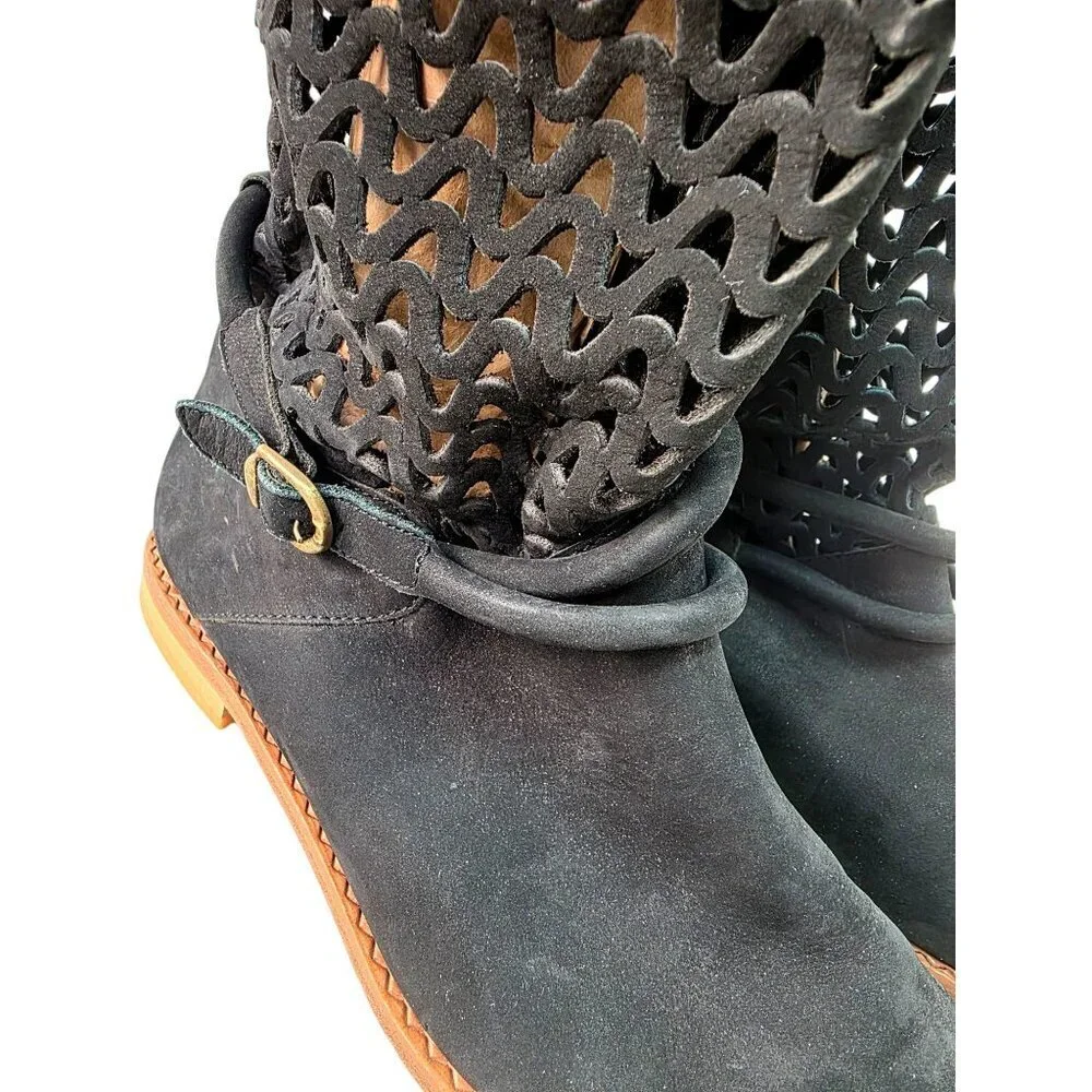 Vintage 90s Nickels Italy Suede Lattice Cutout Tall Boots 6B Boho Festival Flat